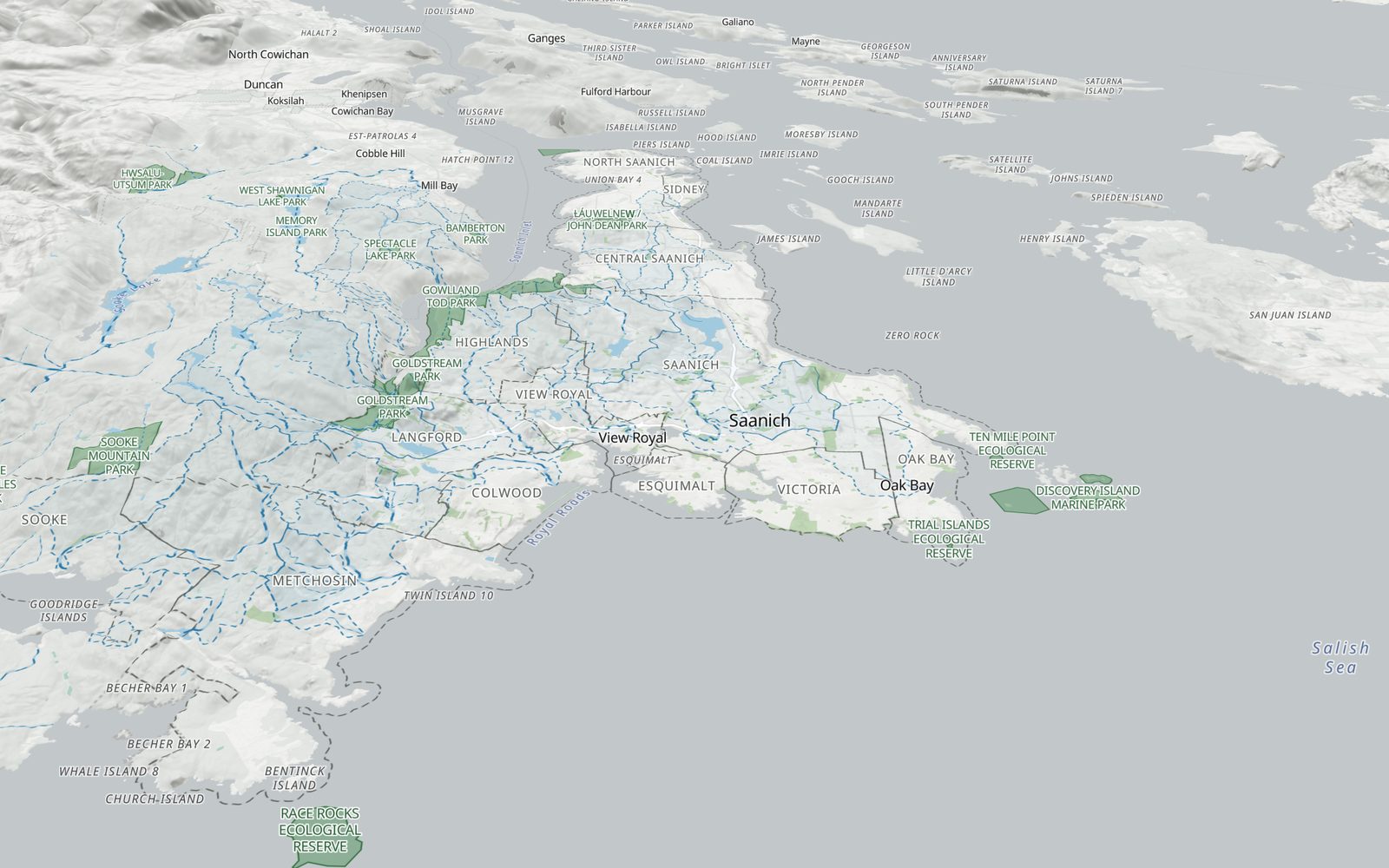 The Greater Victoria open map: terrain, creeks and watershed boundaries from the Saanich Peninsula to Sooke.